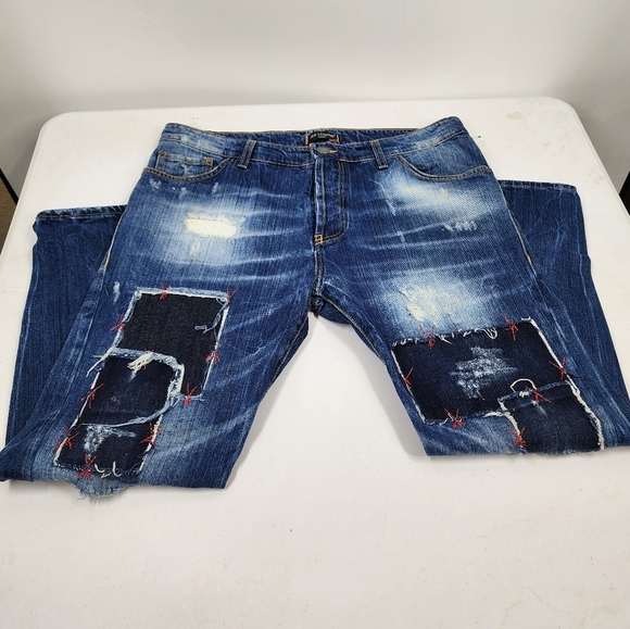 Yes London Jeans Italy Factory Distressed Patch Detail Straight Leg 38 x 29 - Picture 2 of 6